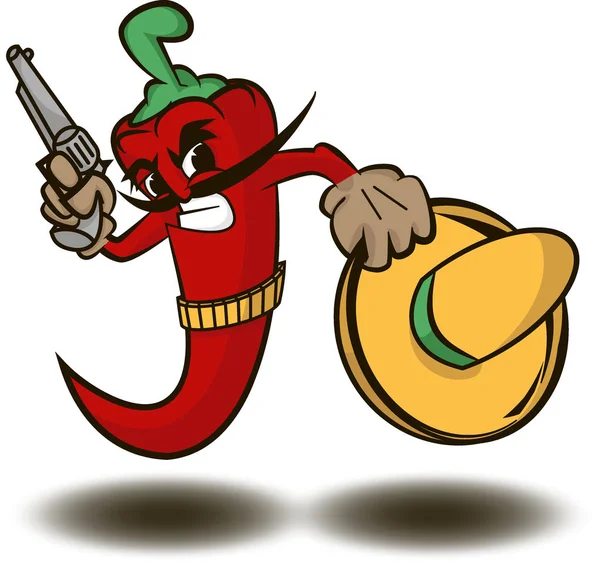 Bandyta meksykański czerwona papryczka chili, trzymając pistolet i sombrero — Wektor stockowy