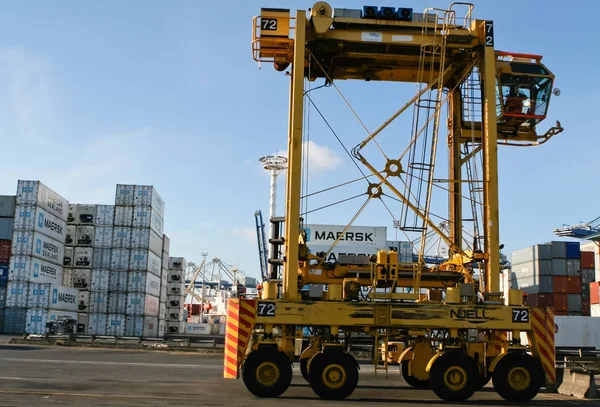 Widłowe jednego przewoźnika i stack w Maersk kontenerów w porcie w Auckland. — Zdjęcie stockowe