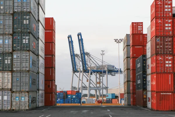 Kranar och stack av containrar på port av Auckland — Stockfoto