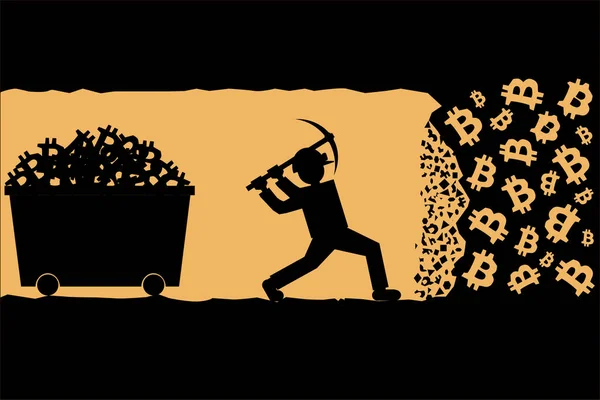 Flat illustration of worker stick figure mining bitcoins with pickaxe standing in shaft with full track