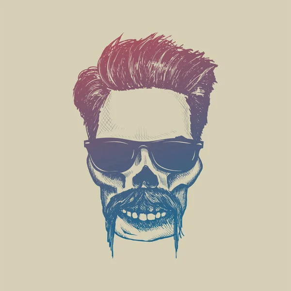 Crâne de hipster avec lunettes de soleil, cheveux hipster et moustache — Image vectorielle