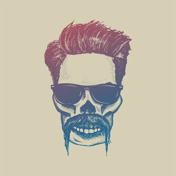 Calavera Hipster con gafas de sol, pelo hipster y bigote — Archivo Imágenes Vectoriales