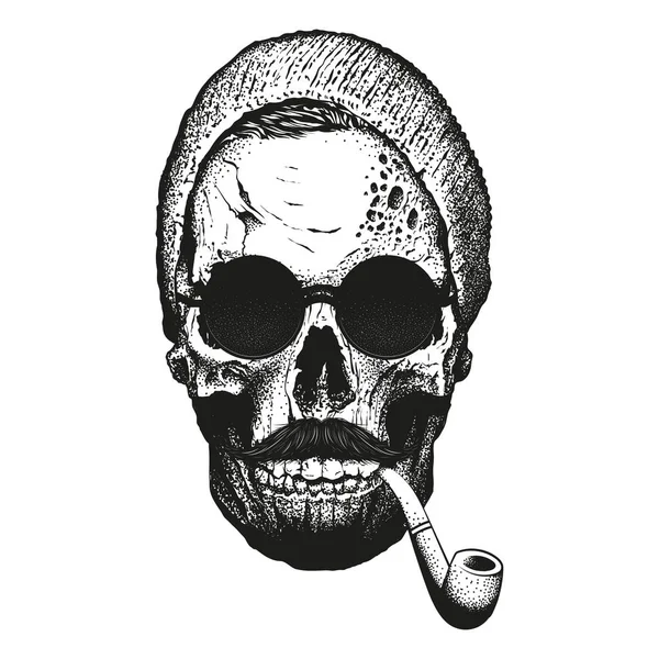 Csípő koponya, a csípő haj és a téli kalap, a dohányzás cső és a szemüveg — Stock Vector