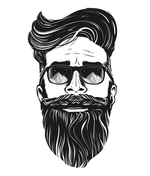 Vector hipster hombre barbudo cara en gafas de sol — Vector de stock