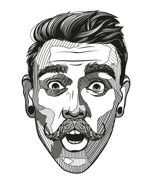 Hipster sieht ein Mann mit Schnurrbart überrascht aus. Porträt eines jungen Mannes mit schockiertem Gesichtsausdruck. Schwarz-weiße, handgezeichnete Vektorillustration. — Stockvektor
