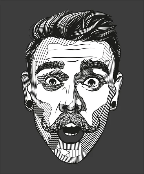 Hipster un hombre con bigote parece sorprendido. Retrato de un joven con expresión facial impactada. Ilustración vectorial dibujada a mano en blanco y negro . — Archivo Imágenes Vectoriales