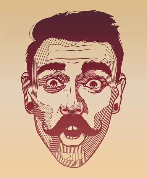 Hipster, um homem com bigode parece surpreendido. Retrato de um jovem com expressão facial chocada. ilustração vetor desenhado à mão preto e branco . — Vetor de Stock