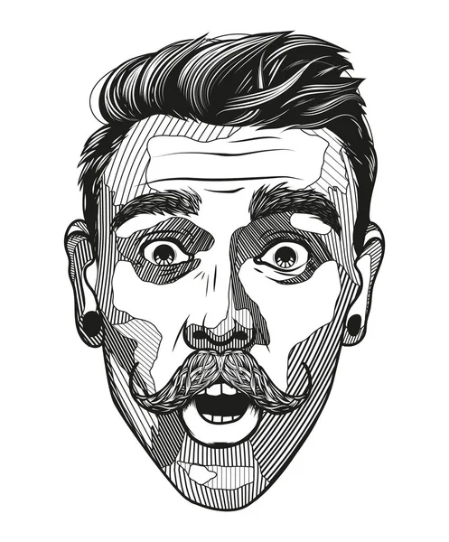 Hipster un hombre con bigote parece sorprendido. Retrato de un joven con expresión facial impactada. Ilustración vectorial dibujada a mano en blanco y negro . — Vector de stock