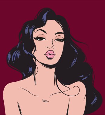Zarif romantik seksi kadın pop art. Moda güzel esmer kadın retro komik tarzı.