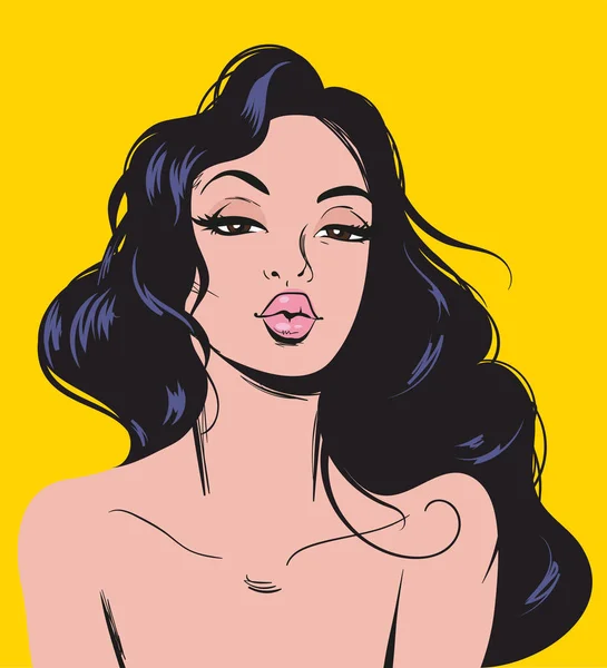 Zarif romantik seksi kadın pop art. Moda güzel esmer kadın retro komik tarzı.