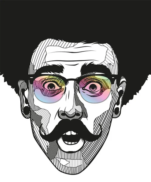 Hipster un hombre con bigote parece sorprendido. Retrato de joven — Vector de stock