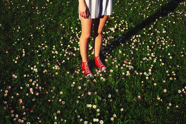 Teenage legs in sneakers and white dress standing on lush springtime grass with flowers, top view — Stock Photo, Image