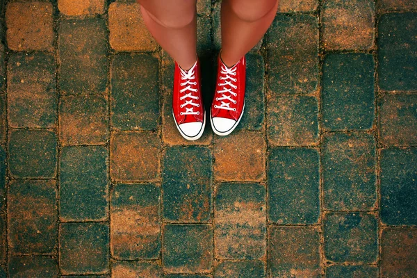 Frauenbeine und rote Schuhe auf Ziegeln — Stockfoto