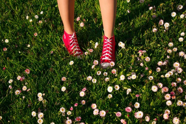 Les jambes des adolescents en baskets — Photo