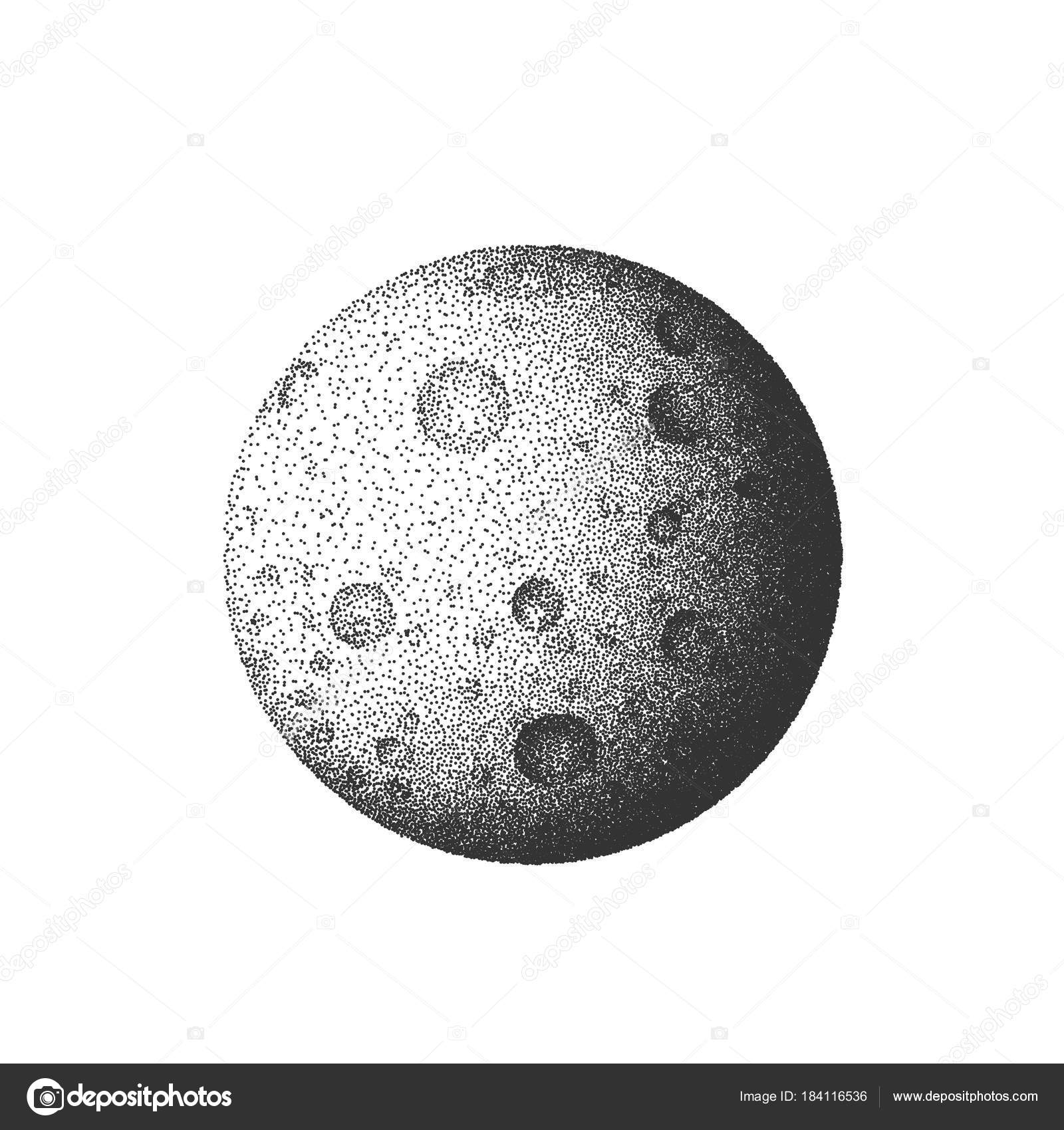 Moon Silhouette Stippling Dots Style Black White Vector Illustration