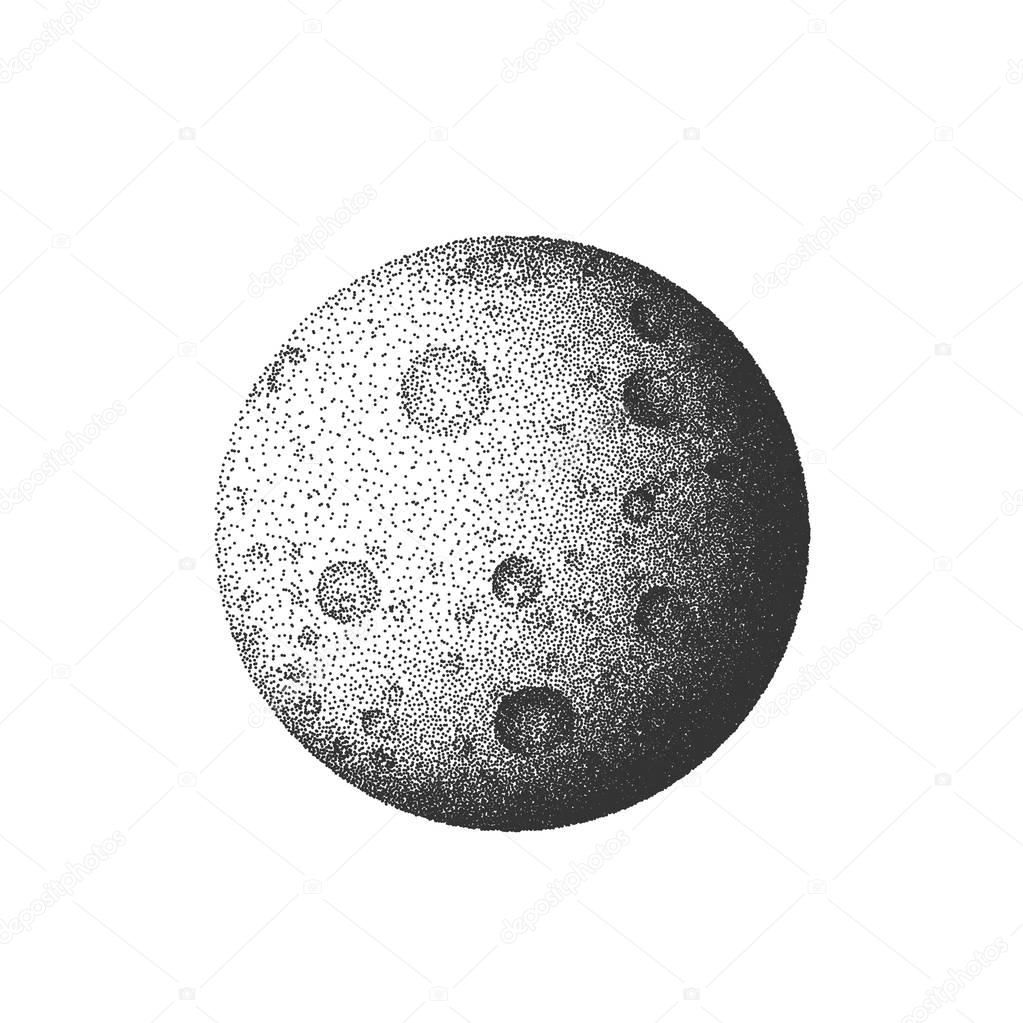 Moon silhouette in stippling dots style black white, vector illustration