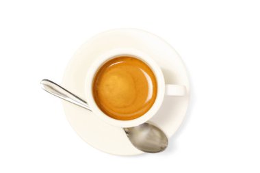 Sıcak kahve espresso üstten görünüm ve üzerinde beyaz izole kaşık