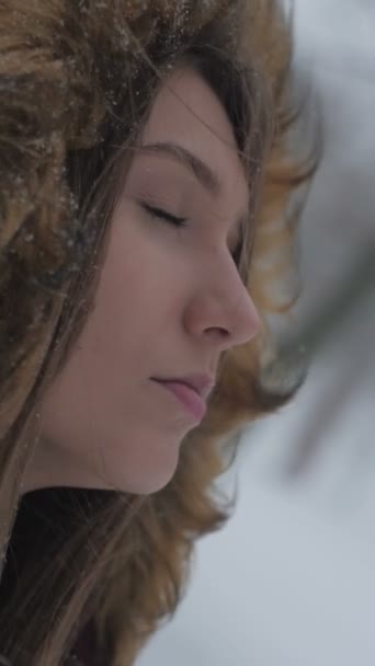 Extra Close Girl Face Snow Falls Wind Blows Hair Develops — Stock Video