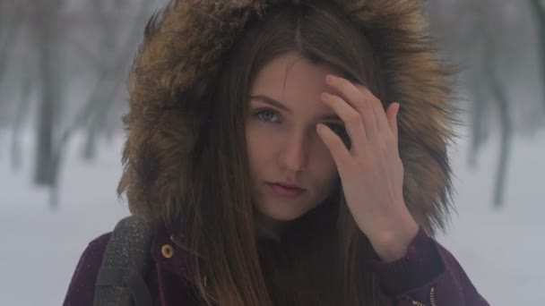 Девушка Посмотрела Камеру Снег Волосах Замедленное Движение — стоковое видео