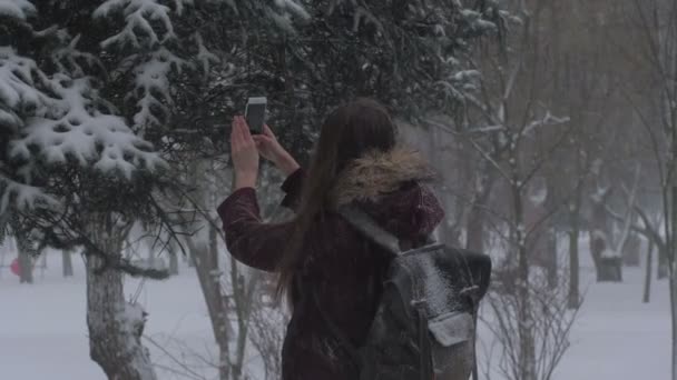 Γκρο Πλαν Κορίτσι Δάσος Χιόνι Αργή Κίνηση — Αρχείο Βίντεο