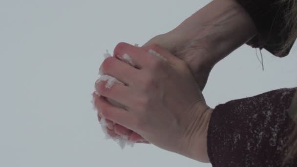 Women Hands Gloves Getting Snow Snow Woods Slow Motion Forming — Stock Video