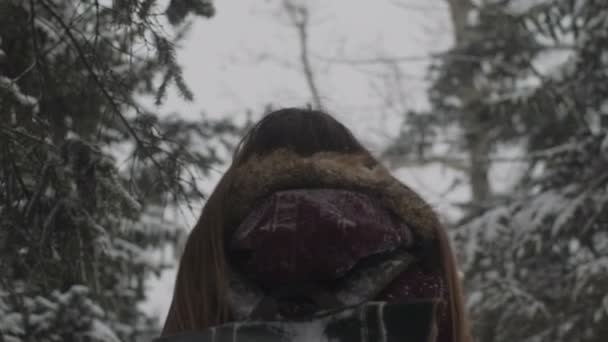 女の子は 雪が降ると雪に覆われた森林を通って歩くことによって彼女の髪を修正します 動画クリップ