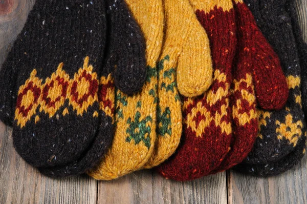 Brown Yellow Red Handmade Mittens Front View — Stock Photo, Image