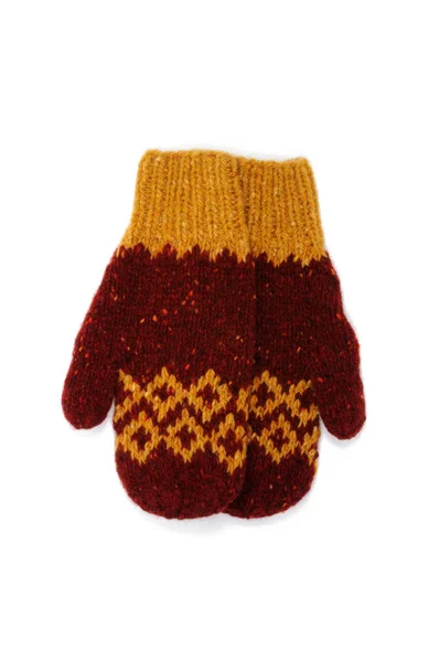 Kırmızı ile beyaz zemin üzerine sarı el yapımı eldiven. Yukarıdan görüntülemek.