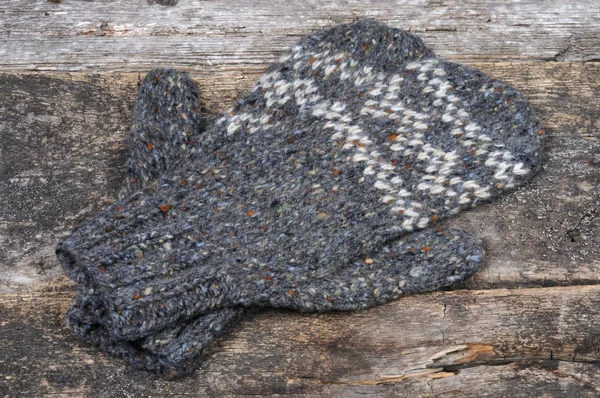 Gray Knitted Mittens Handmade Front View — Stock Photo, Image