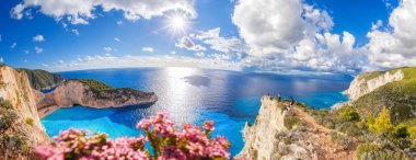 Navagio plaj batık ve çiçeklerle Zakynthos Adası Yunanistan