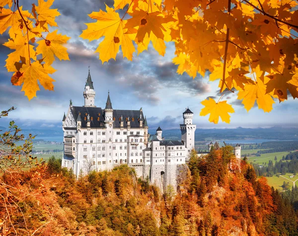 Замок Нойшванштайн с осенними листьями в Баварии, Германия — стоковое фото