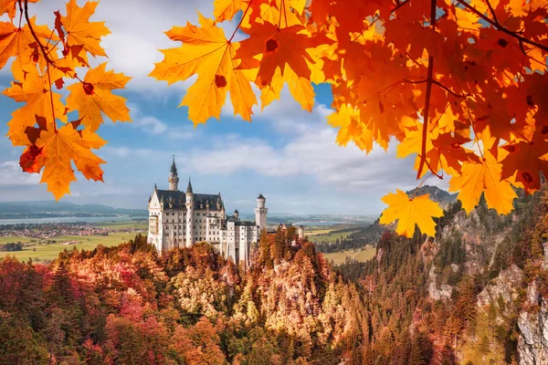 Castillo de Neuschwanstein con hojas de otoño en Baviera, Alemania —  Fotos de Stock