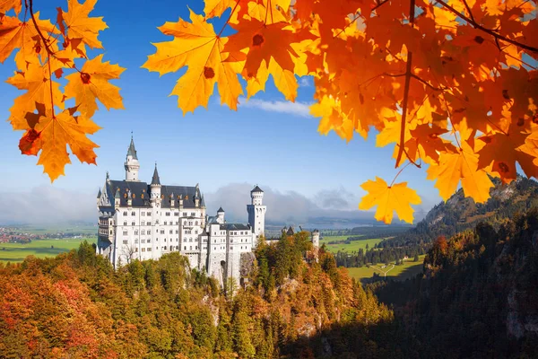 Castillo de Neuschwanstein con hojas de otoño en Baviera, Alemania — Foto de Stock