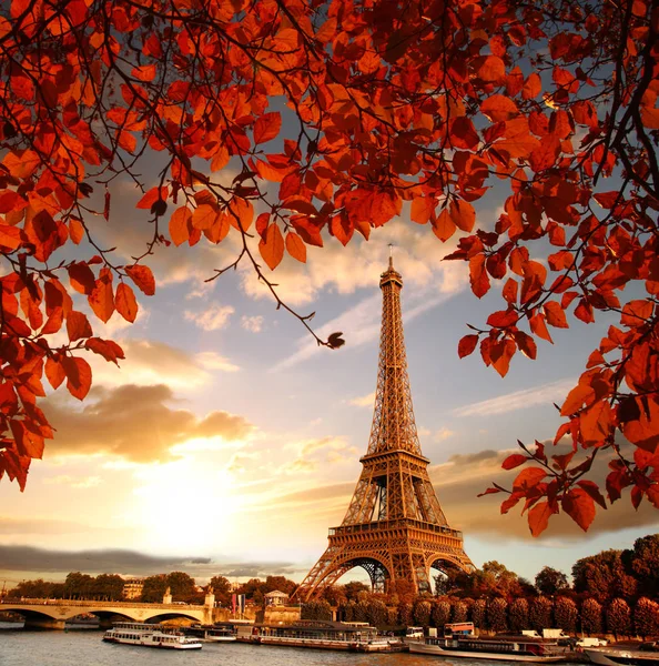 Torre Eiffel con hojas de otoño en París, Francia — Foto de Stock