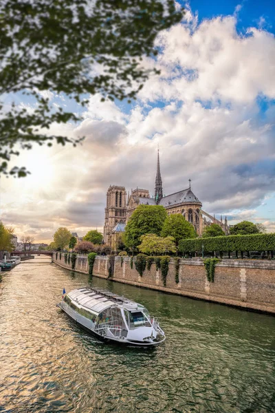 Parigi, Cattedrale di Notre Dame con barca sulla Senna, Francia — Foto Stock