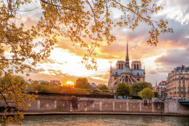 Notre Dame Katedrali Paris, Fransa'da bahar süre boyunca renkli günbatımı karşı