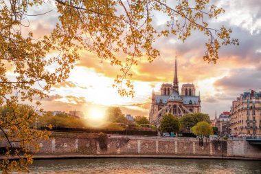 Notre Dame Katedrali Paris, Fransa'da bahar süre boyunca renkli günbatımı karşı