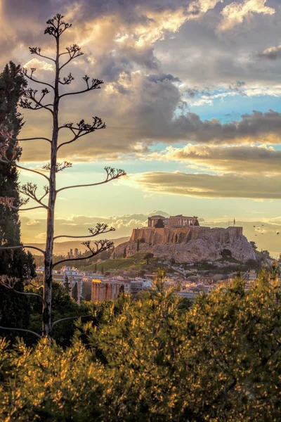 Templo do parthenon no acropolis de encontro ao por do sol colorido em Atenas, Greece — Fotografia de Stock