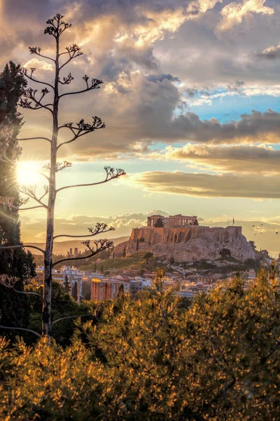 Tempio del Partenone sull'Acropoli contro il tramonto colorato ad Atene, Grecia — Foto Stock