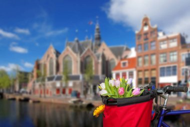 Holland kanalda karşı renkli Lale sepeti ile ünlü Amsterdam