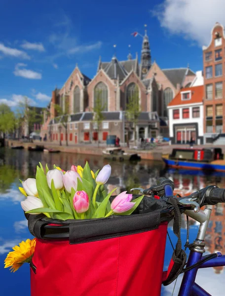 Διάσημο Άμστερνταμ με καλάθι με πολύχρωμες τουλίπες ενάντια στο κανάλι στην Ολλανδία — Φωτογραφία Αρχείου