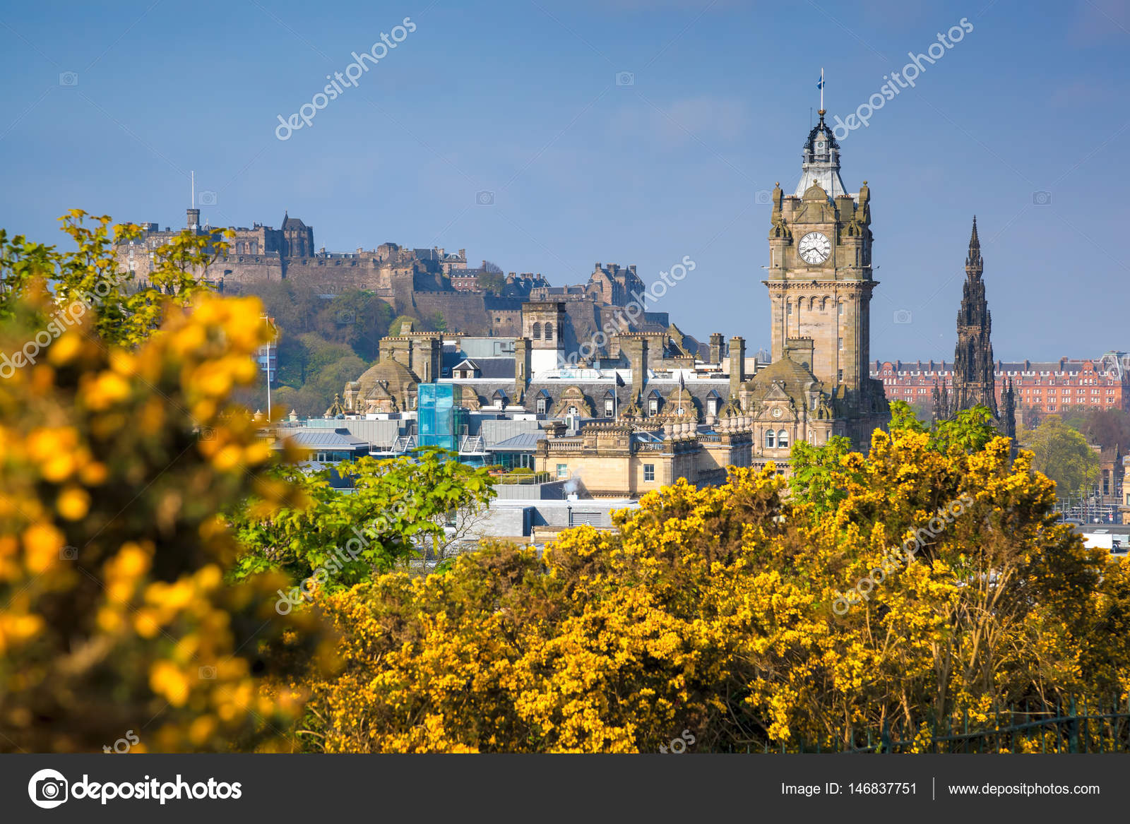 View of old town Edinburgh with flowers during spring in Scotland