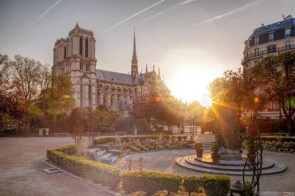 Paris, katedralen Notre Dame mot soluppgången i Frankrike — Stockfoto