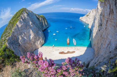 Yunanistan 'ın Zakynthos adasında gemi enkazı ve çiçekli Navagio plajı