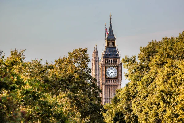 Berömda Big Ben klockan mot träd i London, England, Uk — Stockfoto