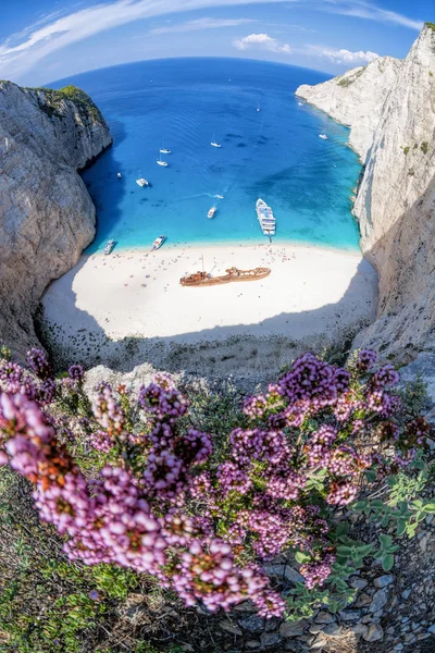 Pláž Navagio s troskami a květinami na ostrově Zakynthos, Řecko — Stock fotografie