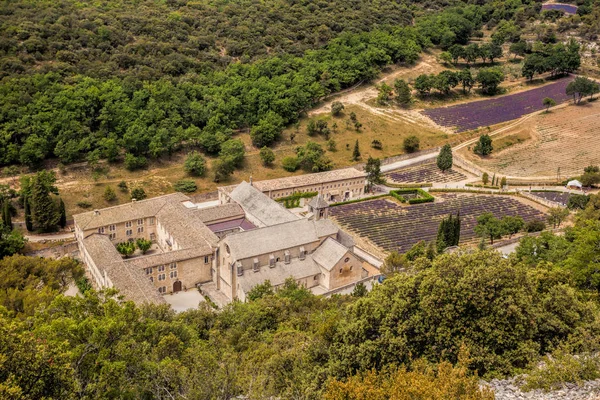 Levandulová pole s Senanque klášterem v Provence, Gordes, Francie — Stock fotografie