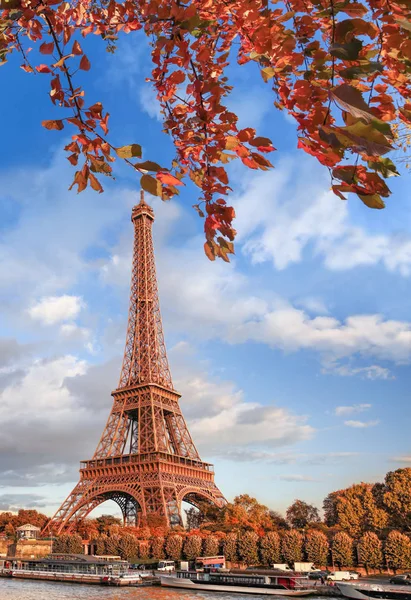 Eiffeltorn med höstlöv i Paris, Frankrike — Stockfoto