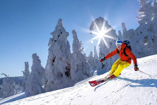 Skier skiing downhill in high mountains against blue sky Stock Picture