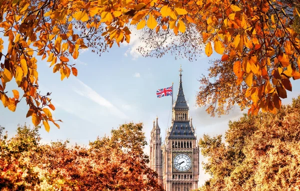 Big Ben Uhr gegen Herbstblätter in London, England, Großbritannien — Stockfoto